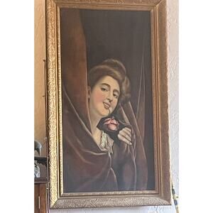 Antique Original Oil Painting of Flirting Lady from Brothel or Tavern C1890